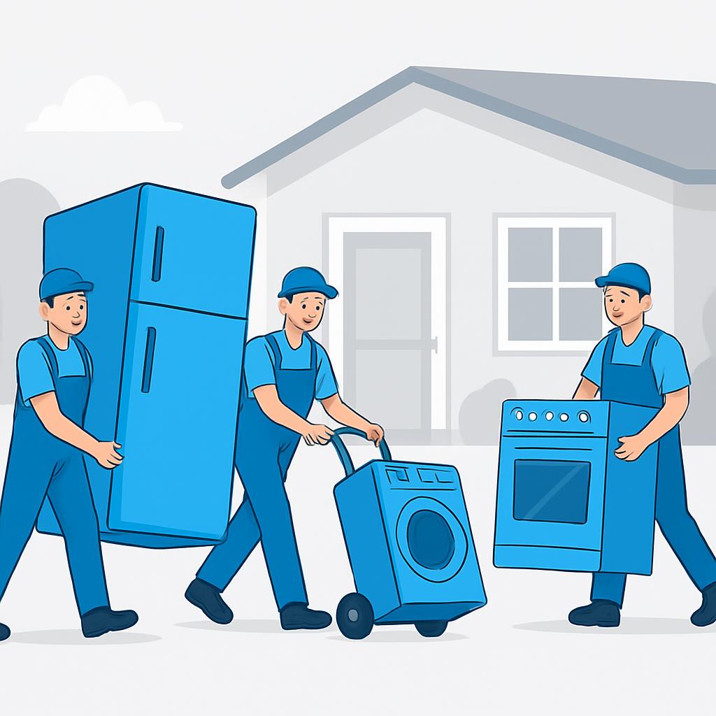 Workers carrying appliances